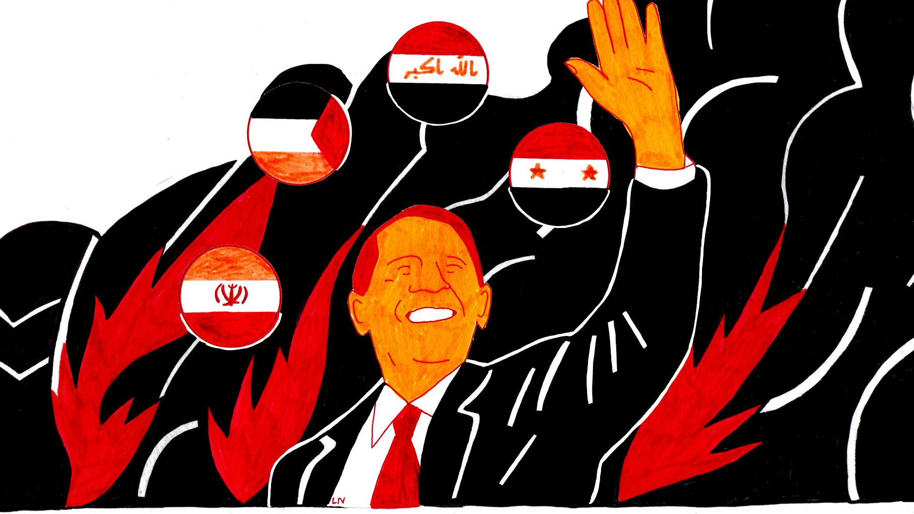 L'image représente une illustration stylisée avec un personnage central, probablement un dirigeant, qui sourit et lève la main. En arrière-plan, on peut voir plusieurs cercles affichant des drapeaux, suggérant une thématique politique ou internationale. Les couleurs dominantes sont des tons chauds comme le rouge et l'orange, créant une ambiance dynamique. Les silhouettes en arrière-plan semblent agitées, ajoutant un sentiment d'intensité à la scène. L'ensemble évoque des thèmes de pouvoir et d'interaction politique.