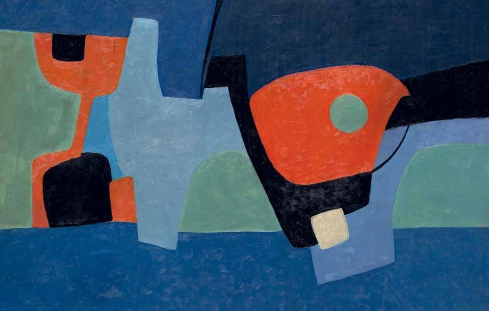 Cette image représente une œuvre abstraite, caractérisée par des formes géométriques aux couleurs vives. On peut y voir des teintes de bleu, d'orange, de vert et de noir, qui s'entremêlent de manière harmonieuse. Les formes semblent flotter sur un fond monochrome, créant un contraste dynamique et captivant. L'ensemble dégage une sensation de mouvement et d'énergie, typique de l'art abstrait.