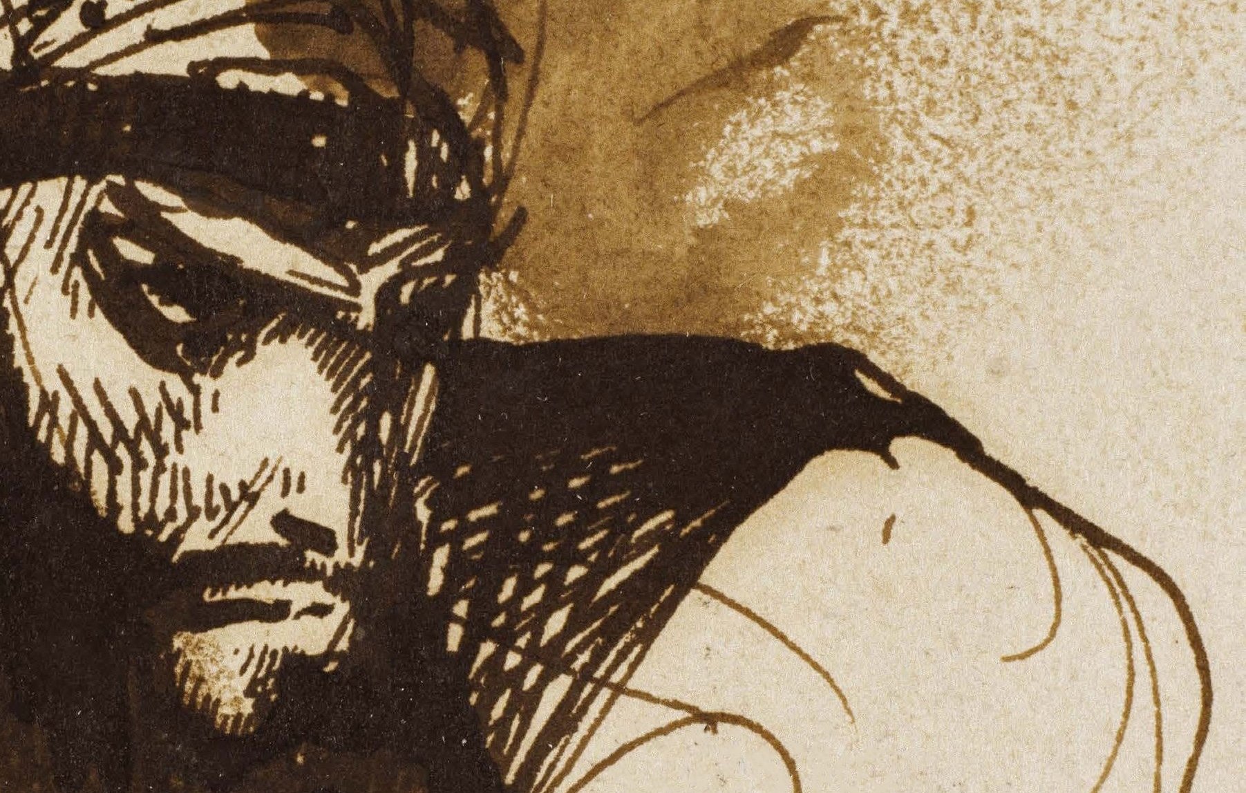 L'image présente un dessin avec un personnage au visage marqué par des traits prononcés et une barbe fournie. Il porte un turban ou un foulard autour de la tête, et son regard intense semble refléter de la détermination ou de la réflexion. Les contours sont réalisés avec des traits sombres, tandis que l'arrière-plan a des teintes de brun, créant une atmosphère dramatique. Le style rappelle des esquisses artistiques classiques, où l'émotion et l'expression sont au cœur de la représentation.