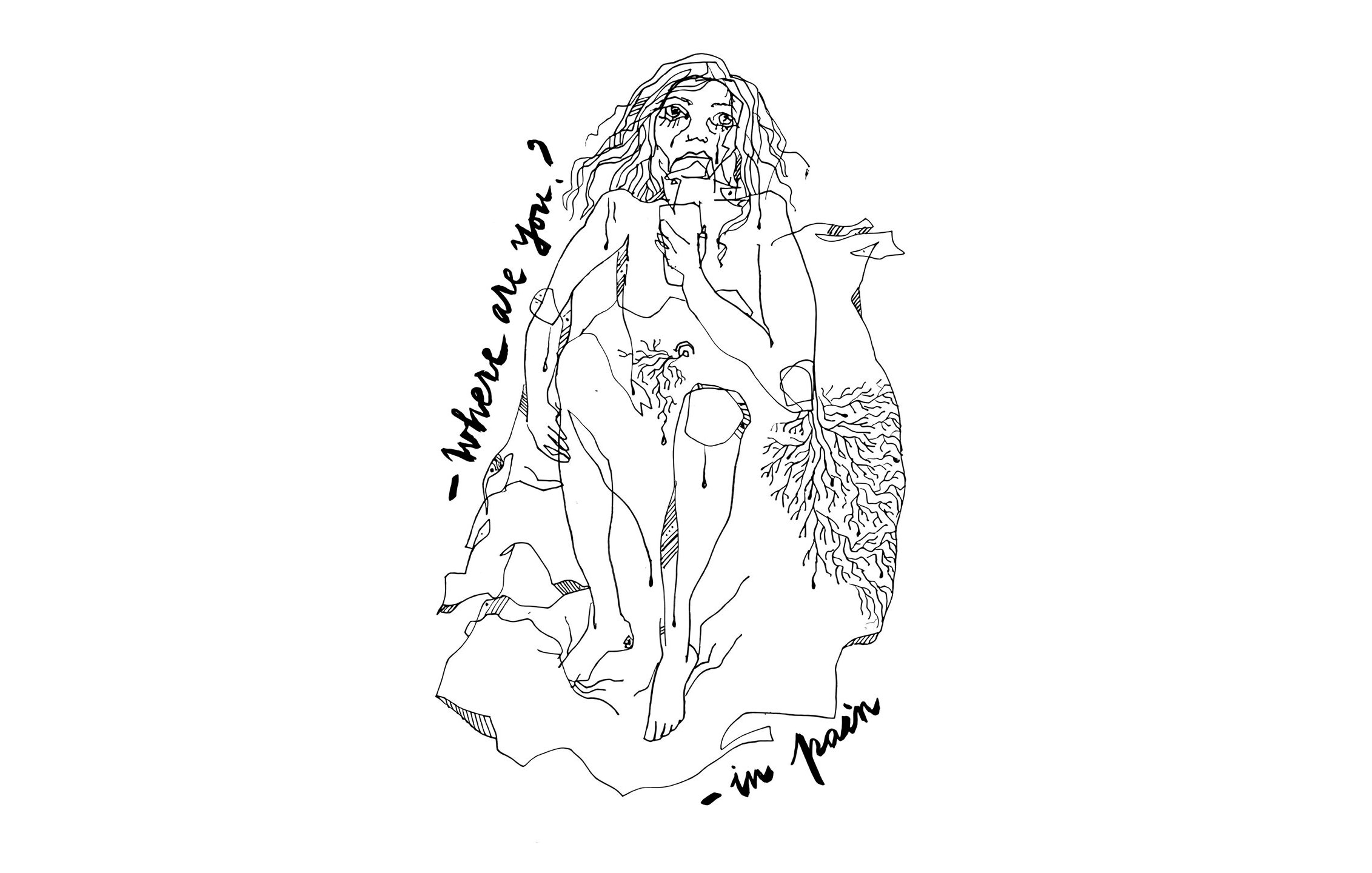 L'immagine presenta un disegno in bianco e nero che rappresenta una figura umana seduta, con un'espressione di introspezione o sofferenza. La persona appare disordinata, con capelli mossi e un abbigliamento semplice. Accanto alla figura, sono presenti delle scritte in corsivo: "Where are you?" e "- in pain," che suggeriscono un sentimento di ricerca e dolore emotivo. Il contesto della rappresentazione sembra evocare temi di vulnerabilità e introspezione.