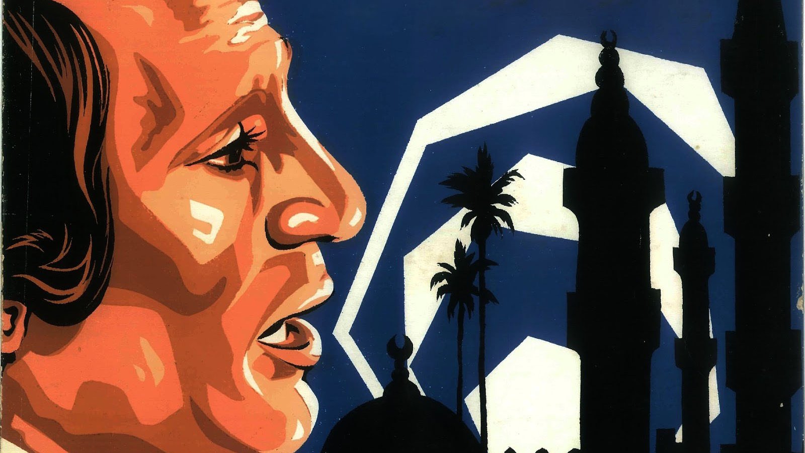 L'image présente un portrait stylisé d'un homme, de profil. Son visage est rehaussé de teintes orange et brunes, contrastant avec un fond bleu foncé. En arrière-plan, on aperçoit des silhouettes de structures architecturales, notamment des minarets et des palmiers, évoquant une ambiance orientale. Les formes géométriques blanches ajoutent une dimension graphique à la composition. L'ensemble dégage une atmosphère artistique et symbolique.