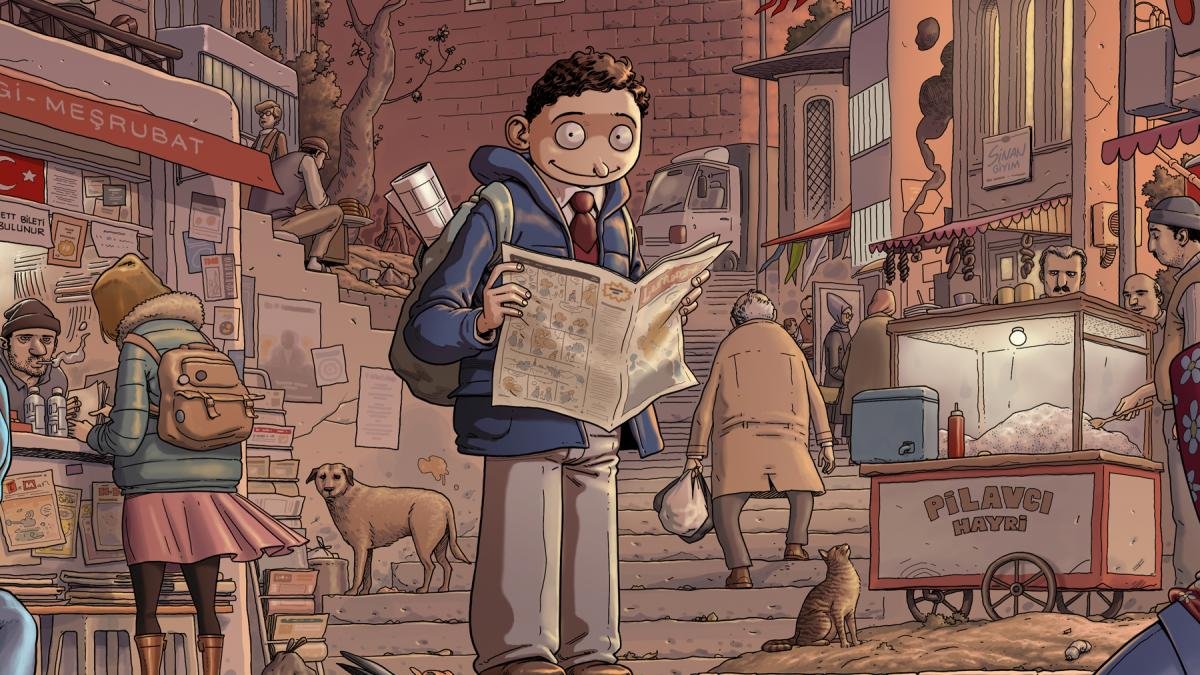 L'image illustre une scène animée d'une rue vivante et colorée. On y voit un jeune garçon au sourire enthousiaste, tenant un journal. Il se tient devant un groupe de personnes qui se déplacent dans une rue pavée. Divers éléments attirent l'attention : des bâtiments aux architectures variées, des vendeurs ambulants proposant des mets, des passants, un chien errant et un chat observant la scène. L'atmosphère générale semble joyeuse et dynamique, reflétant la vie urbaine.