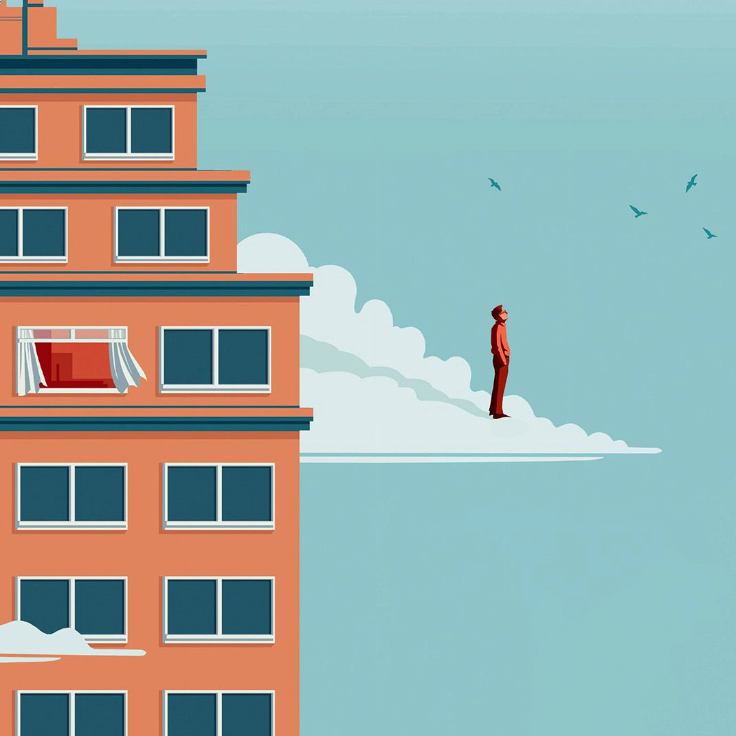 L'image représente un bâtiment coloré, probablement un immeuble de bureaux ou d'appartements, avec une façade orange. Sur l'un des étages, une fenêtre avec un rideau blanc s'ouvre sur un ciel bleu. En dehors du bâtiment, un homme en costume se tient debout sur un nuage. Le ciel est parsemé d'oiseaux, ajoutant une touche dynamique à la scène. L'ensemble de l'image évoque un mélange de rêve et de réalité urbaine.