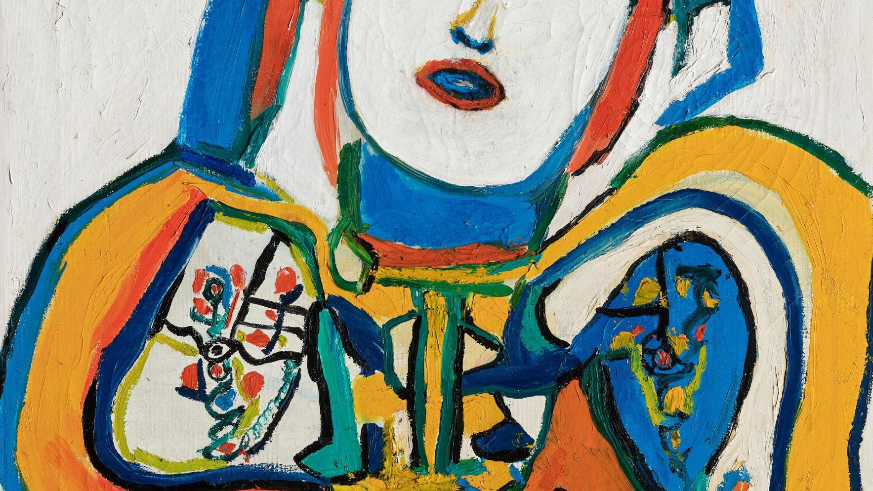 L'image représente une peinture colorée et stylisée d'une figure humaine. La composition utilise des couleurs vives comme le rouge, le bleu, le jaune et le vert. La personne, au visage expressif, semble porter des vêtements ornés de motifs. L'arrière-plan est également riche en couleurs, ce qui donne une impression dynamique à l'œuvre. La technique de peinture est assez gestuelle, ajoutant une dimension vivante à l'ensemble.