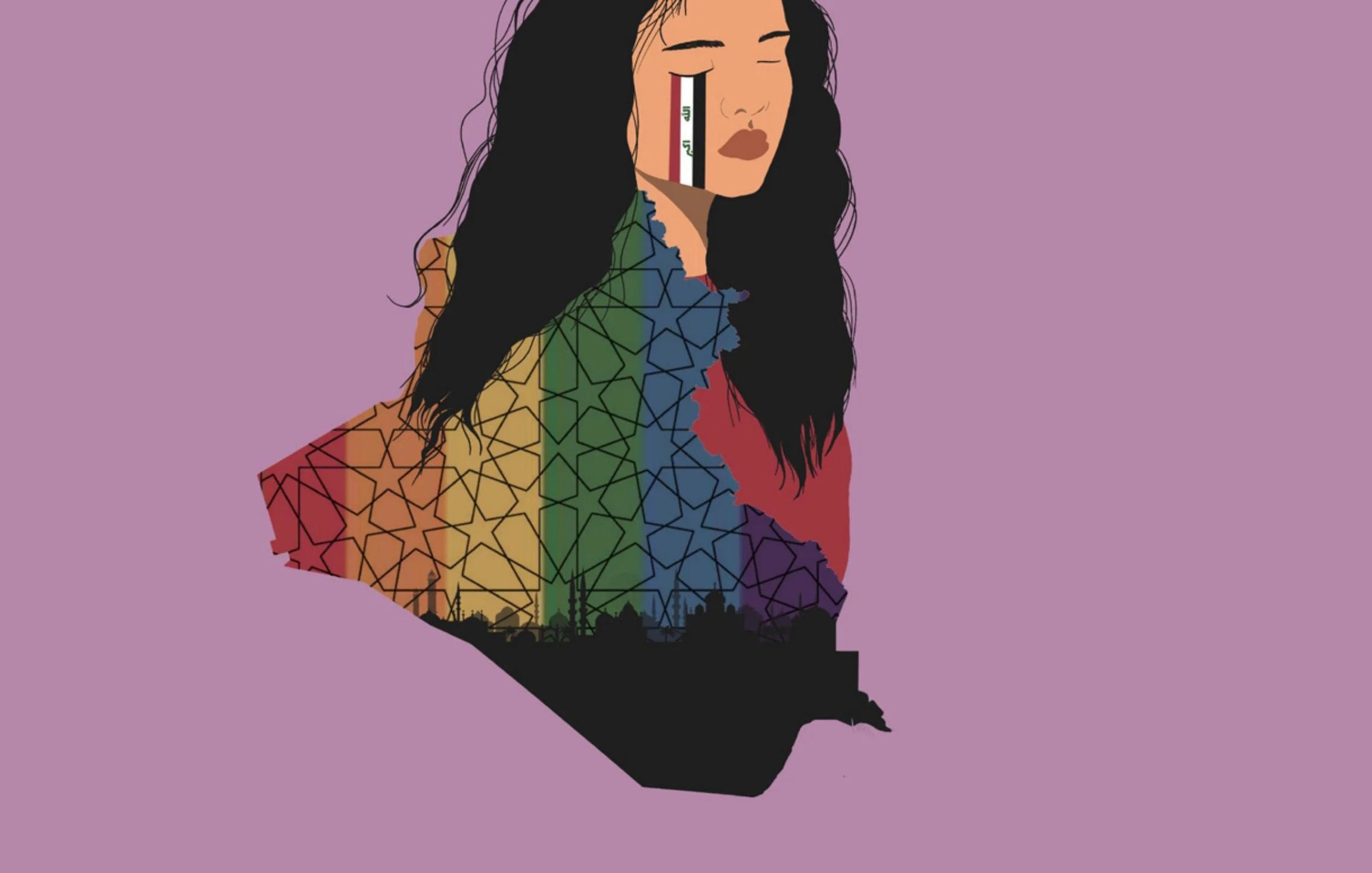 L'immagine presenta il profilo di una giovane donna, con capelli lunghi e mossi. La sua espressione è seria e contemplativa, e le lacrime scendono lungo il suo viso. Una delle lacrime è colorata con una bandiera arcobaleno, simbolo della comunità LGBTQ+. Sullo sfondo, si intravedono elementi architettonici stilizzati che sembrano appoggiare l'immagine principale. Il tutto è posto su uno sfondo viola, creando un contrasto forte e accattivante. L'opera sembra esprimere un messaggio di identità e lotta per i diritti.