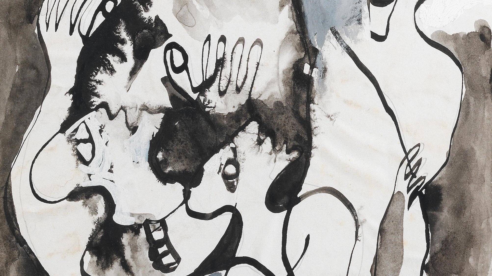 L'image présente une composition abstraite réalisée avec des traits de pinceau fluides et des formes organiques. Elle montre plusieurs figures humaines stylisées, entrelacées dans des positions dynamiques. Les lignes noires sont accentuées par des zones de gris et de blanc, créant un contraste saisissant. Les expressions des personnages, bien qu'évoquées de manière simplifiée, semblent transmettre des émotions vives, et l'ensemble dégage une impression de mouvement et de vitalité.