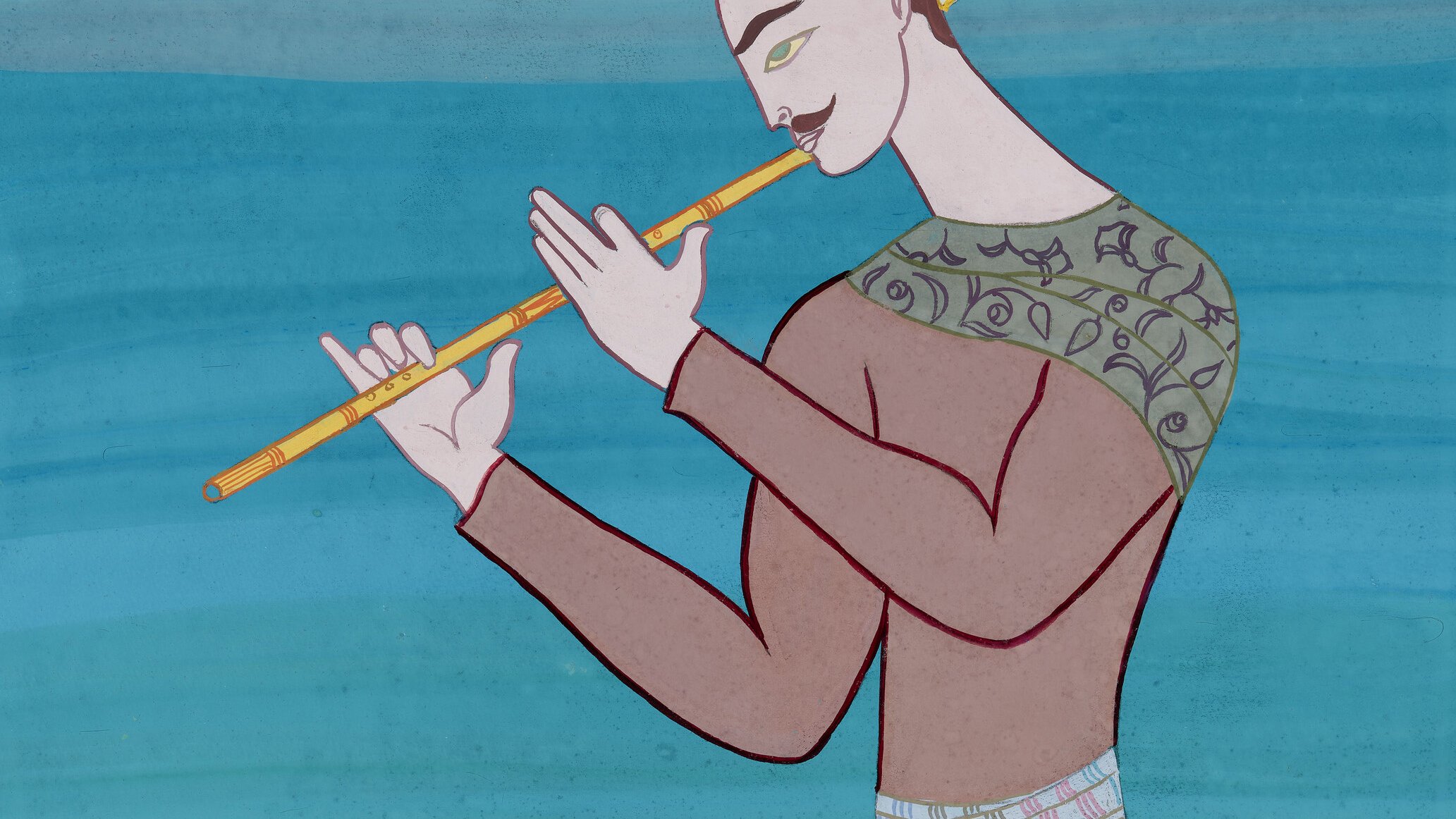 L'image représente une figure stylisée assise, jouant de la flûte. La personne a un look élégant avec un haut aux motifs détaillés et un pantalon fluide. La couleur de fond est une nuance apaisante de bleu, créant une ambiance sereine. La posture de l'individu dégage une certaine tranquillité et concentration, ajoutant à l'atmosphère musicale de la scène.