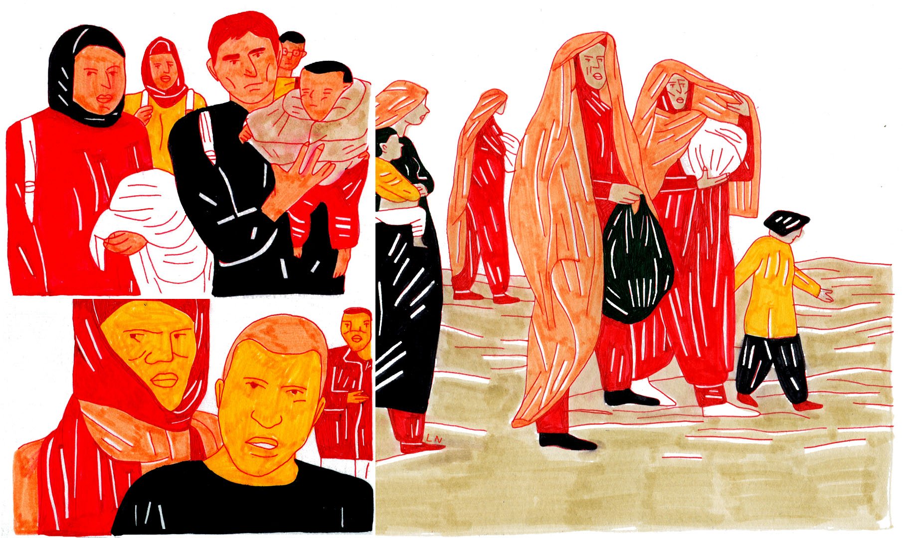 L'image présente des individus dans un style de dessin coloré. On y voit plusieurs personnes, dont certaines portent des enfants. Les personnages ont des expressions qui semblent exprimer des émotions fortes, comme la tristesse ou l'inquiétude. Les couleurs utilisées sont principalement des tons chauds comme le rouge et l'orange, ce qui donne une impression de tension et d'urgence. L'arrière-plan semble représenter un paysage désertique ou une zone difficile, renforçant le contexte probablement dramatique de la scène.