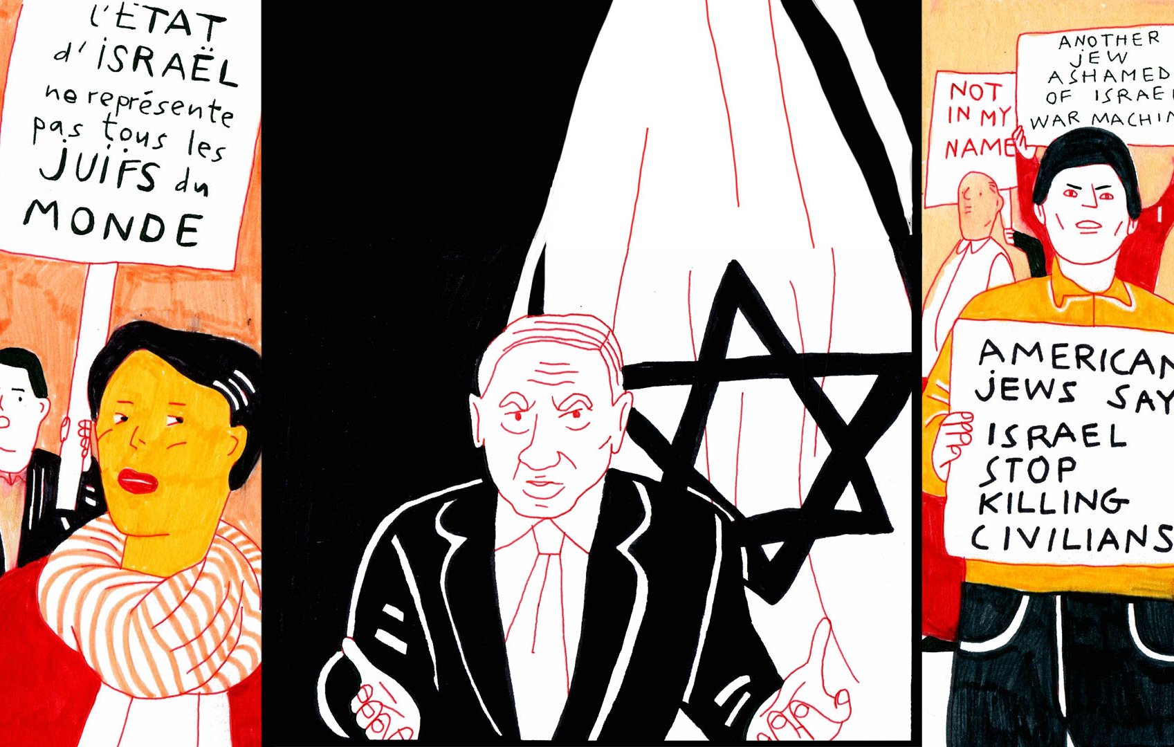 L'image représente une scène avec des manifestants tenant des pancartes. À gauche, une femme porte un panneau qui dit que l'État d'Israël ne représente pas tous les Juifs du monde. Au centre, un homme, probablement une figure publique, s'adresse à la foule. À droite, une autre manifestante tient une pancarte demandant aux autorités israéliennes d'arrêter de tuer des civils, exprimant une opposition vis-à-vis des actions de l'État d'Israël. Les personnages sont illustrés de manière stylisée avec des couleurs vives.