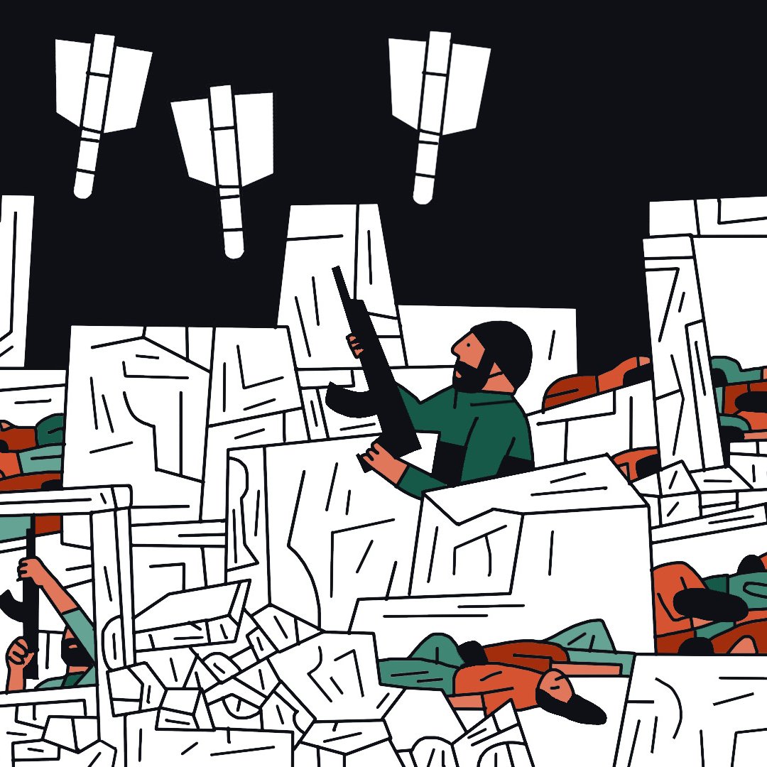 La imagen muestra una escena caótica de lo que parece ser un conflicto o una batalla. Hay figuras humanas que se encuentran entre escombros y ruinas, algunas de ellas sosteniendo armas. Varias personas parecen estar luchando mientras otras están en el suelo. En la parte superior, se pueden ver proyectiles o misiles cayendo, lo que aumenta la sensación de tensión y desorden. El estilo artístico es gráfico y simplificado, utilizando una paleta de colores limitada con tonos oscuros y algunas áreas en colores más brillantes.