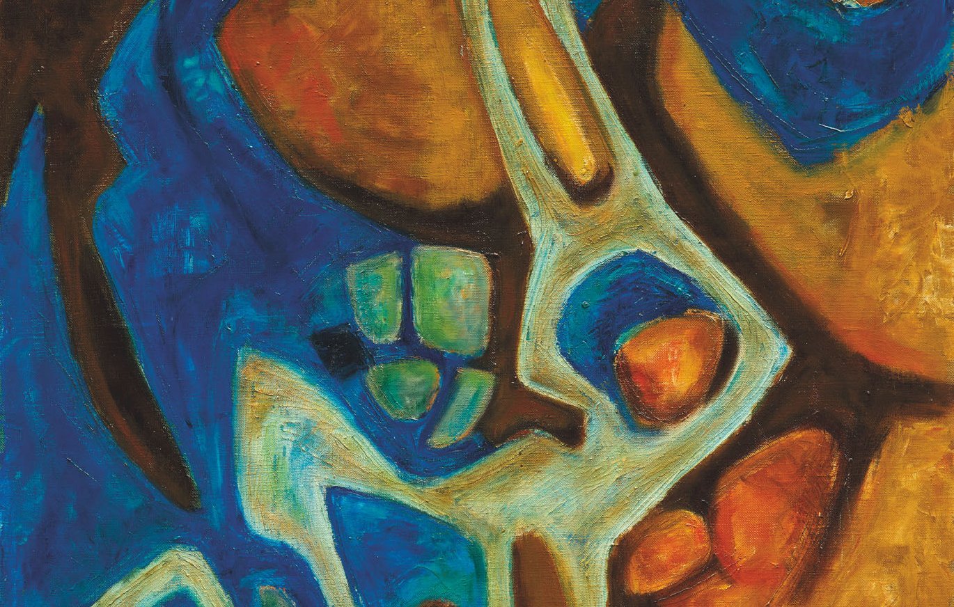 L'image présente une œuvre abstraite, composée de formes organiques et de couleurs vibrantes. Les tons de bleu, orange et marron se mélangent harmonieusement. Les lignes fluides créent un mouvement dynamique à travers la toile, tandis que des zones de couleurs contrastées attirent l'œil. L'ensemble dégage une impression de profondeur et de texture, invitant à l'interprétation personnelle.