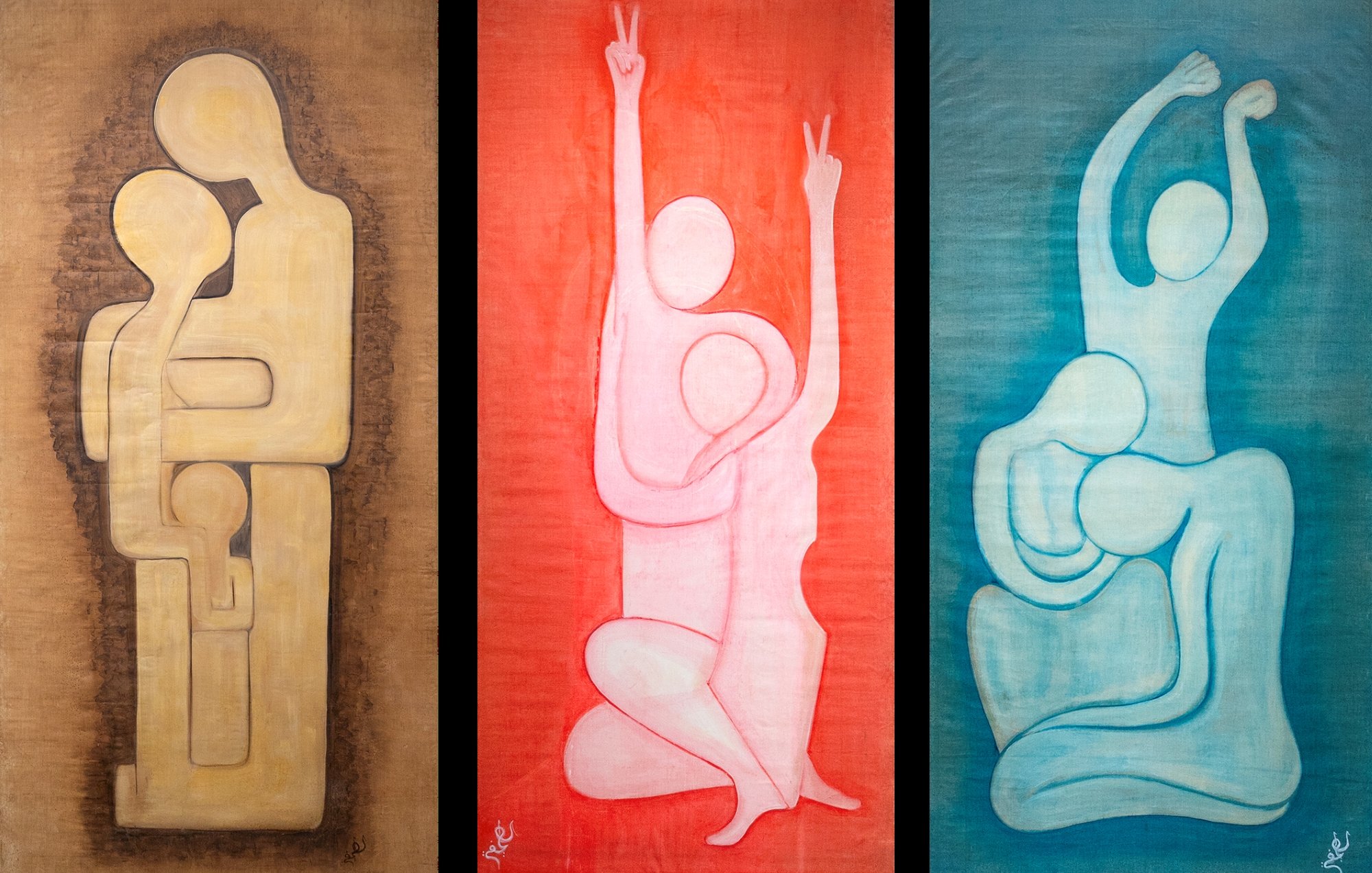 Three abstract figures in soft colors, expressing love, celebration, and movement through intertwined shapes.