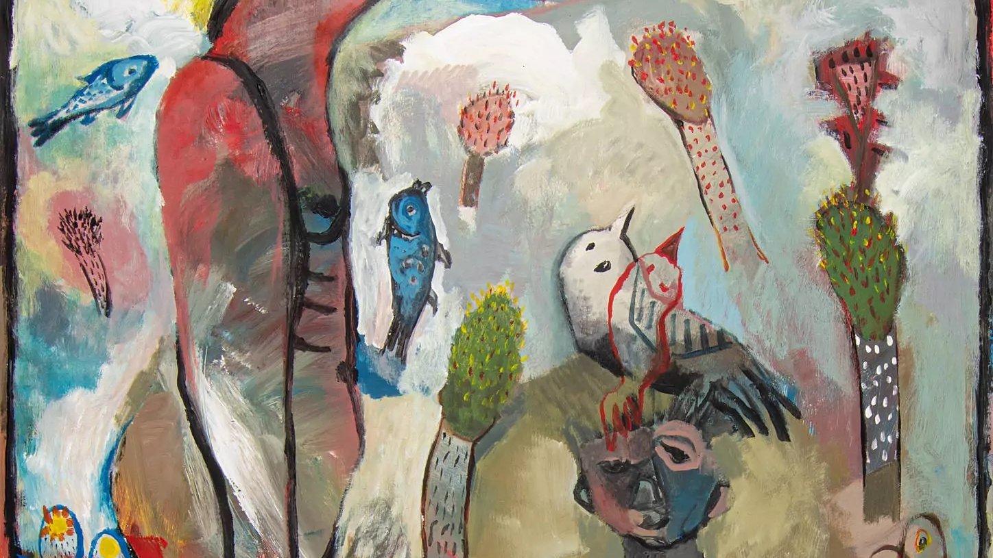 L'image présente une œuvre artistique aux couleurs vives et aux formes abstraites. On y voit des figures humaines stylisées, dont l'une est très grande et l'autre plus petite, qui semblent interagir dans un paysage composé de motifs naturels et d'éléments graphiques. Des oiseaux viennent s'ajouter à cette scène, perchés sur des arbres stylisés. Le fond est coloré avec des nuances de rouge, de jaune et de vert, créant une atmosphère dynamique et expressive. Les formes et les couleurs évoquent une certaine légèreté, tout en laissant transparaître une profondeur émotionnelle.