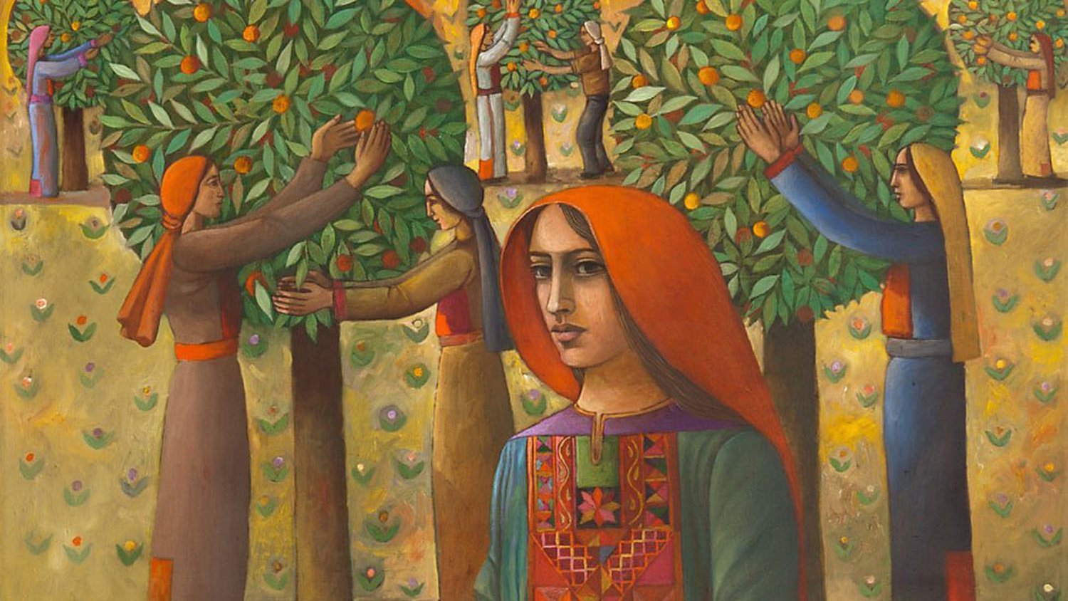 Cette image représente une scène vibrante et colorée. Au premier plan, une femme avec des cheveux longs et un foulard rouge tient une orange dans ses mains. Elle est vêtue d'une robe traditionnelle richement décorée. En arrière-plan, des arbres aux feuilles vertes et aux fruits orange sont visibles, tandis que d'autres personnes cueillent des oranges. L'ensemble de la composition évoque une atmosphère de travail agricole dans un paysage rural, mettant en avant la connexion entre les personnes et la nature. Les couleurs sont vives et les formes stylisées, typiques d'un style artistique expressif.