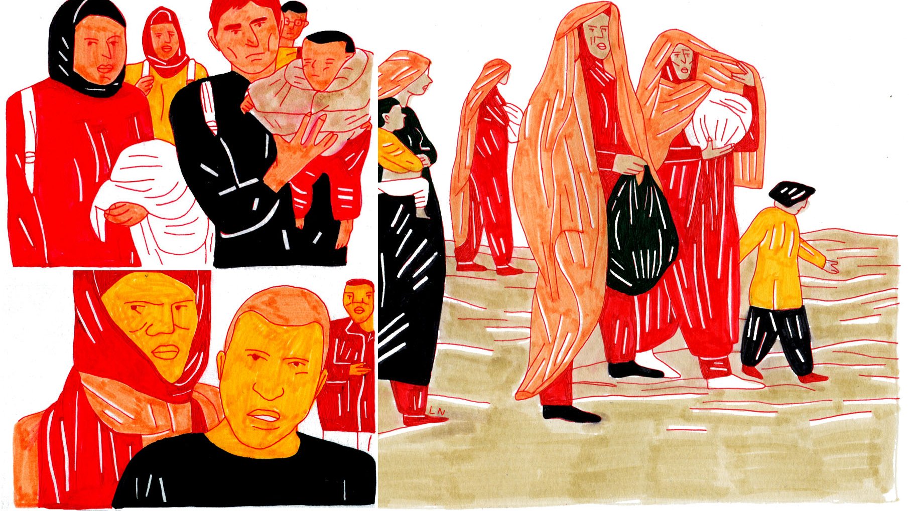 L'image présente des individus dans un style de dessin coloré. On y voit plusieurs personnes, dont certaines portent des enfants. Les personnages ont des expressions qui semblent exprimer des émotions fortes, comme la tristesse ou l'inquiétude. Les couleurs utilisées sont principalement des tons chauds comme le rouge et l'orange, ce qui donne une impression de tension et d'urgence. L'arrière-plan semble représenter un paysage désertique ou une zone difficile, renforçant le contexte probablement dramatique de la scène.