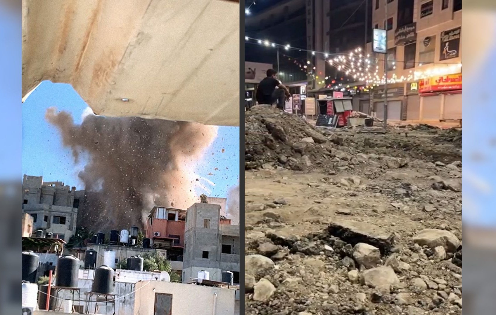 L'image est divisée en deux parties. À gauche, on voit une explosion, avec un nuage de fumée s'élevant d'un bâtiment dans une zone urbaine. Des débris sont projetés dans les airs, et des toits de maisons sont visibles en dessous. À droite, l'image montre un paysage urbain en chantier, avec un sol défoncé, des pierres et des gravats. Des lumières décoratives sont suspendues, et on aperçoit des personnes se déplaçant dans cet espace. Cela suggère un contraste entre la destruction et les efforts de rénovation ou de construction dans une ville.