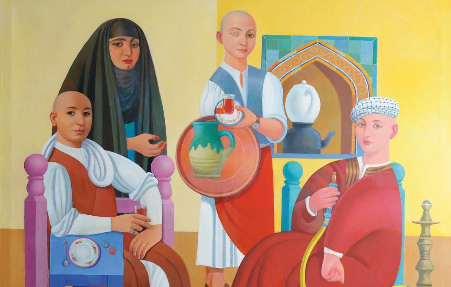 L'image montre une scène colorée représentant quatre personnages, chacun habillé de manière distinctive. Deux des personnages sont assis : l'un porte un habit traditionnel et tient une chicha, tandis que l'autre est plus sobrement habillé et tient une tasse. Le personnage debout à gauche porte un hijab et regarde le spectateur, tandis que celui au milieu, également debout, présente un plat et semble servir une boisson. L'arrière-plan est orné de motifs culturels, ajoutant à l'atmosphère vibrante de la composition. Les couleurs sont vives et les formes géométriques donnent une impression de profondeur et de diversité culturelle.