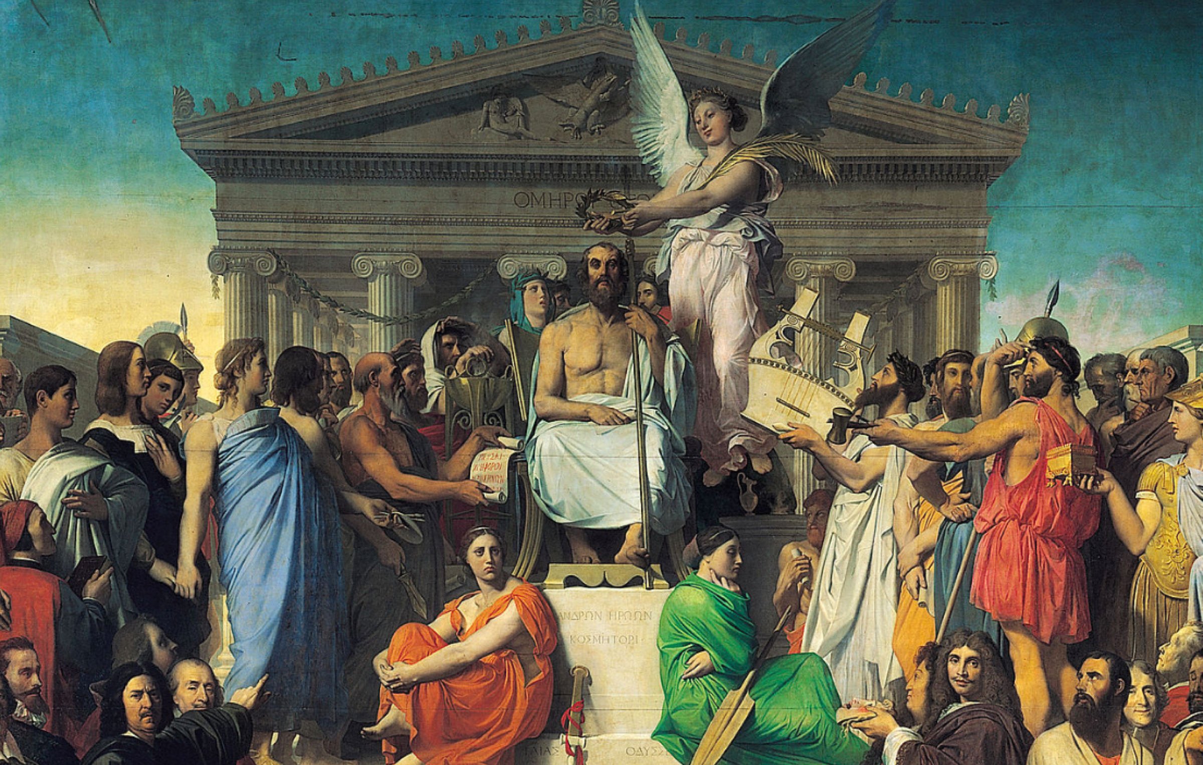 Cette image représente une scène historique grandeur nature, probablement inspirée par l'Antiquité. Au centre, un personnage majestueux est assis sur un trône, entouré de nombreuses figures représentant des personnages importants, peut-être des philosophes, des savants ou des héros de l'histoire. À côté de lui, une figure ailée symbolise la victoire ou la gloire. Les personnages sont vêtus de drapés colorés, caractéristiques de l'époque classique. En arrière-plan, un bâtiment imposant évoque une architecture de style grec, suggérant un lieu sacré ou une institution importante. L'ensemble dégage une impression de célébration et de gravité, mettant en avant le savoir et la culture.