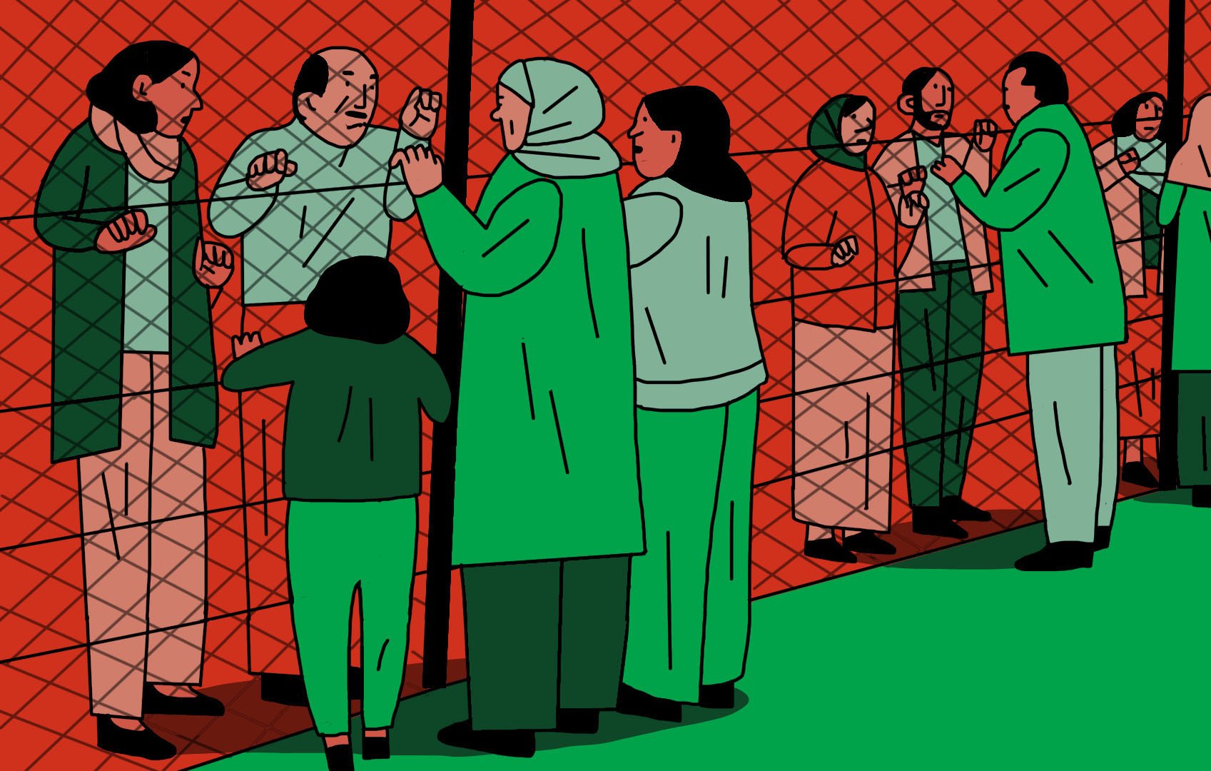 La imagen muestra a un grupo de personas de pie frente a una reja o cercado. Hay varias figuras, tanto adultos como niños, que parecen estar en comunicación a través de la malla. Algunas personas llevan ropa en tonos verdes, mientras que se observan rostros que expresan diferentes emociones, como preocupación o anhelo. El fondo es de un color rojo, lo que resalta la escena. La imagen transmite un sentido de separación y conexión entre quienes están dentro y fuera del cercado.