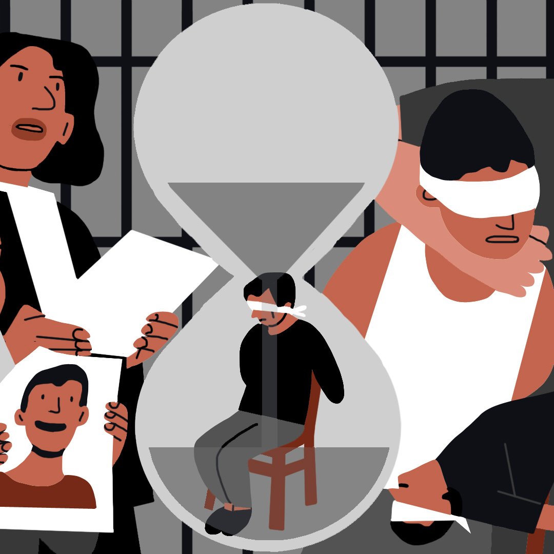 L'image représente un décor sombre et symbolique qui évoque des thèmes de détention et de souffrance. Au centre, un sablier accentue l'idée du temps qui passe, entouré de diverses figures humaines. À gauche, on voit une femme avec un hijab tenant une photo, visiblement préoccupée. À droite, un homme masqué semble exercer une forme de contrôle ou de intimidation sur un autre homme, dont les yeux sont bandés. L'ensemble transmet un sentiment d'angoisse et de désespoir face à des situations d'injustice et de torture.