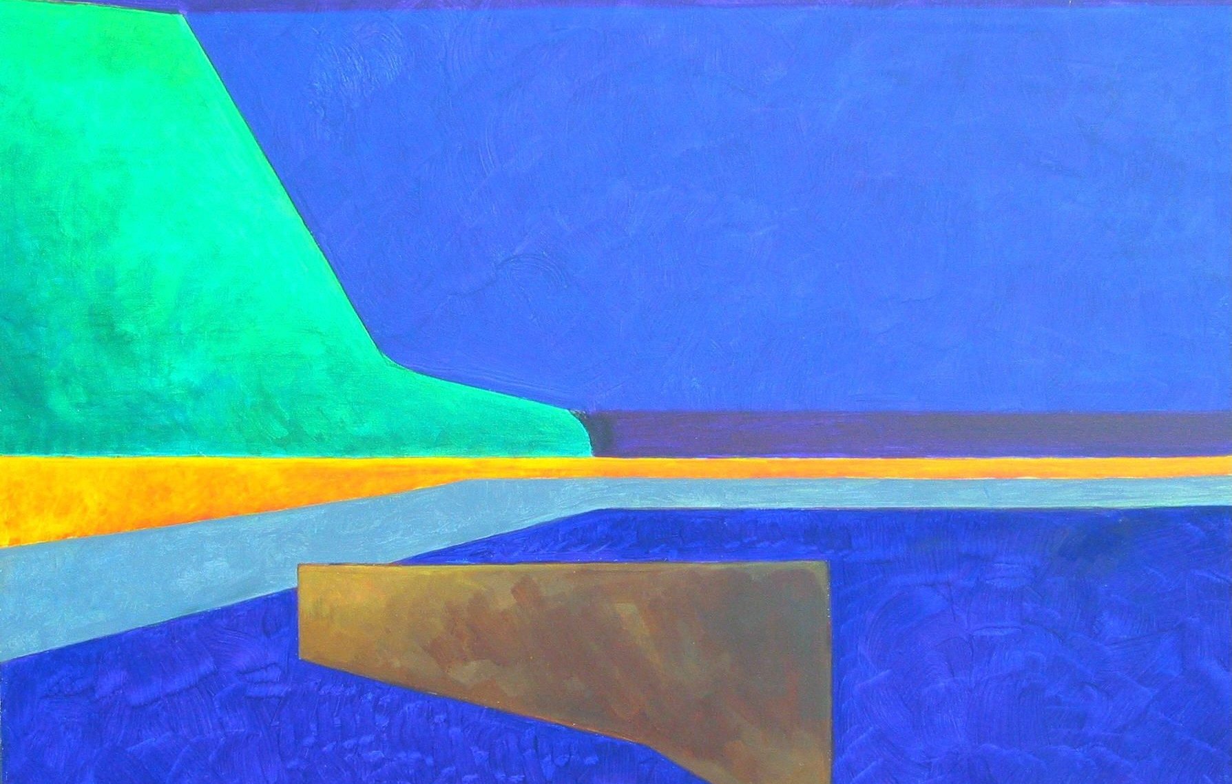 L'image présente un paysage abstrait aux couleurs vives. On y voit des formes géométriques et des lignes qui évoquent une scène naturelle. À gauche, une grande forme verte représente une colline ou une montagne stylisée, tandis qu'à droite, des nuances de bleu dominent le bas de l'image, suggérant une étendue d'eau. Un bandeau jaune clair s'étend horizontalement, créant un contraste avec les autres couleurs. L'ensemble dégage une atmosphère calme et apaisante, typique de la peinture moderne abstraite.