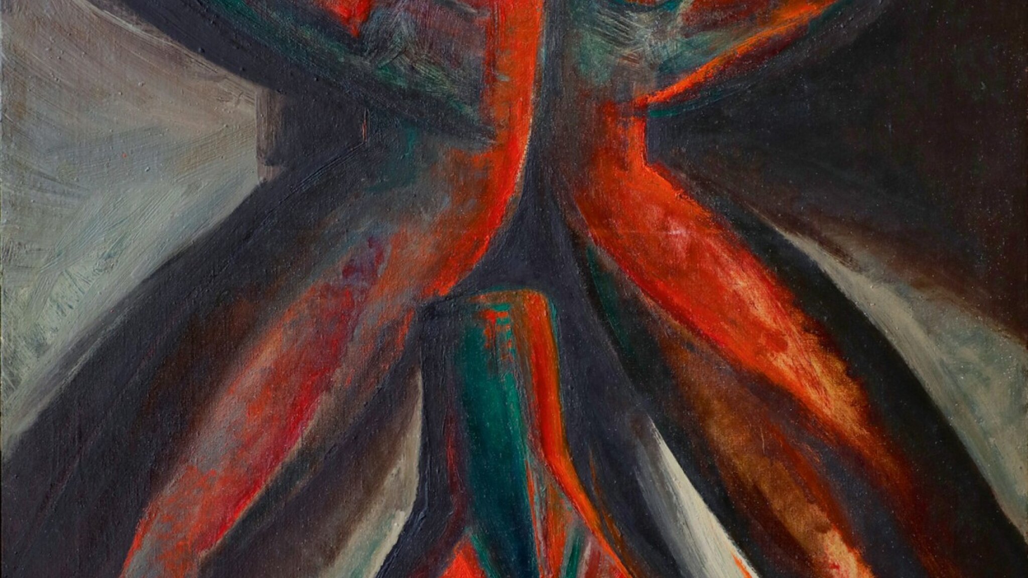 L'image présente une œuvre d'art abstraite, dominée par des tons de rouge et de noir. On y voit des formes humaines stylisées, leurs bras levés comme pour créer une sorte de symbole ou un geste. Le visage est suggéré par des blocs de couleur verte, tandis que d'autres éléments semblent évoquer des courbes et des silhouettes. L'ensemble dégage une forte émotion et une dynamique visuelle, caractéristique de l'expressionnisme. La composition est captivante et invite à l'interprétation personnelle.