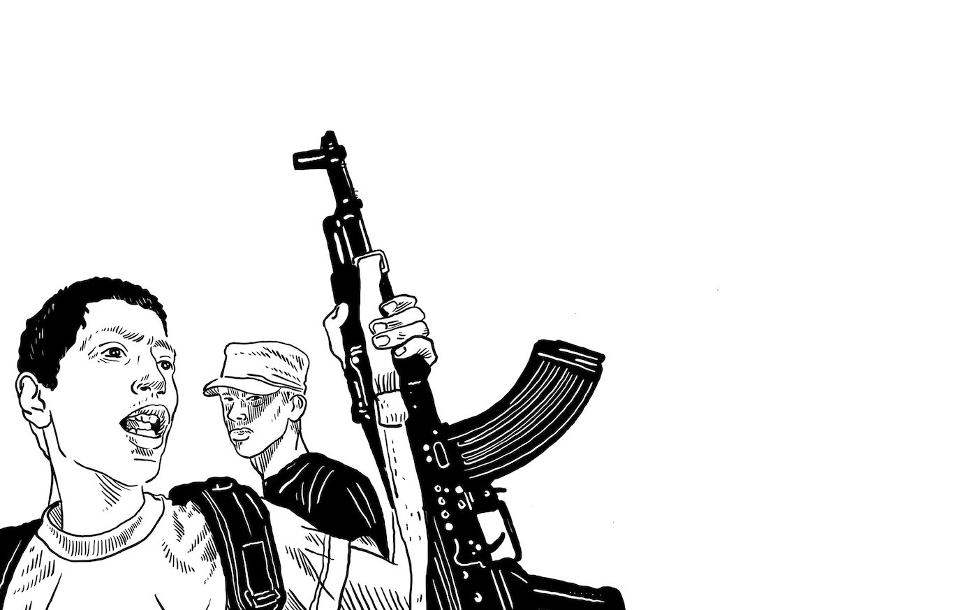 L'image montre des personnages dessinés en style graphique. L'un des personnages est en avant-plan, tenant un fusil d'assaut, tandis que l'autre se trouve à l'arrière. L'expression de leur visage semble intense, suggérant une situation de conflit ou de tension. L'arrière-plan est principalement blanc, ce qui met en avant les personnages et l'armement.