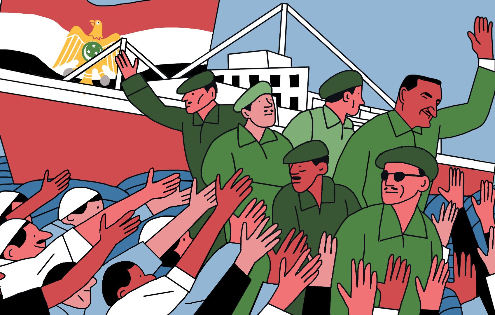 L'image représente une scène animée où des soldats en uniforme vert interagissent avec une foule. On peut voir des personnages saluant ou levant les mains dans un geste d'accueil. En arrière-plan, un bateau est visible, portant un drapeau avec des symboles qui évoquent un pays. La scène semble évoquer un moment de célébration ou d'un événement marquant, avec un style graphique coloré et stylisé.