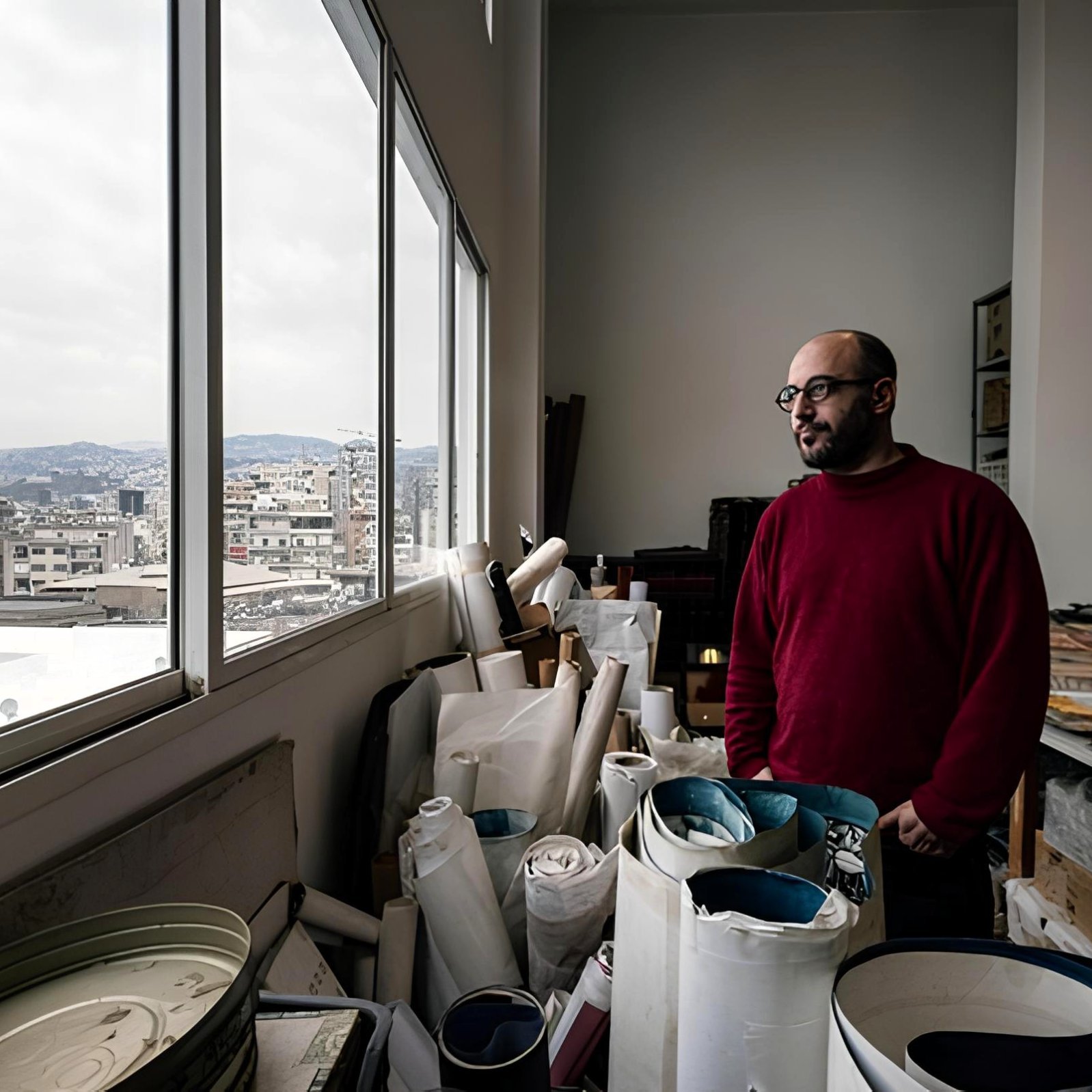 Uomo in maglione rosso guarda fuori da una finestra, circondato da rotoli di carta e materiali.