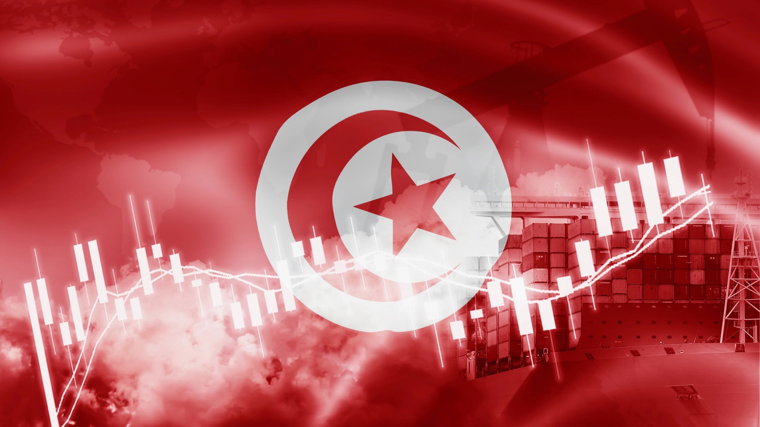 L'immagine presenta uno sfondo rosso, sul quale si trova la bandiera della Tunisia. Al centro è visibile il simbolo di una stella rossa circondata da un cerchio bianco, tipico della bandiera tunisina. In aggiunta, ci sono elementi grafici come grafici a barre e un'immagine stilizzata di una petroliera, che suggeriscono temi legati all'economia e al commercio. L'intera composizione evoca un'atmosfera dinamica e finanziaria.