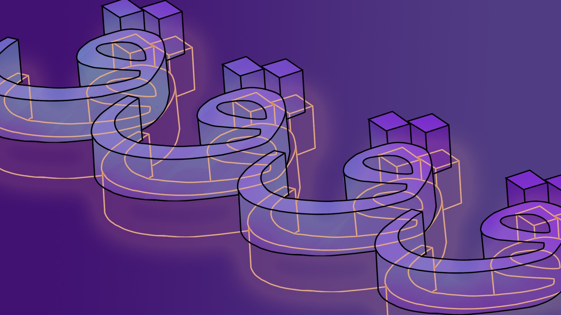 L'image présente une composition graphique avec des formes en 3D stylisées, formant une série de courbes et de structures géométriques. Les éléments ont une apparence translucide avec des contours lumineux, créant un effet de profondeur. Le fond est d'une teinte violette dégradée, ajoutant une ambiance dynamique à l'ensemble. Les formes semblent évoquer un motif répétitif et fluide, ce qui renforce une impression de mouvement.