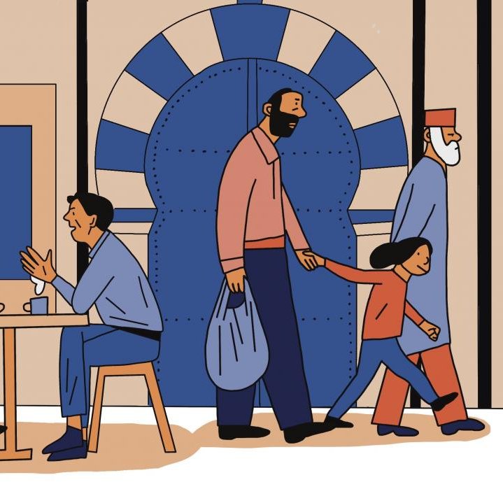 A busy street scene with people dining, walking, and police officers nearby.