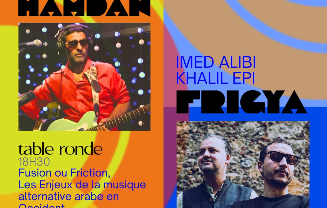 L'image est une affiche d'événement. À gauche, un homme avec une guitare, nommé Zeid Hamdan, et à droite, le nom "Frigya" avec deux autres artistes mentionnés. Les détails incluent une table ronde à 18h30 et un concert à 20h30, le tout le 19 avril 2025 à FGO Barbara, Paris.