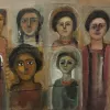 Huit visages de femmes, aux expressions variées, entourés de couleurs chaudes.
