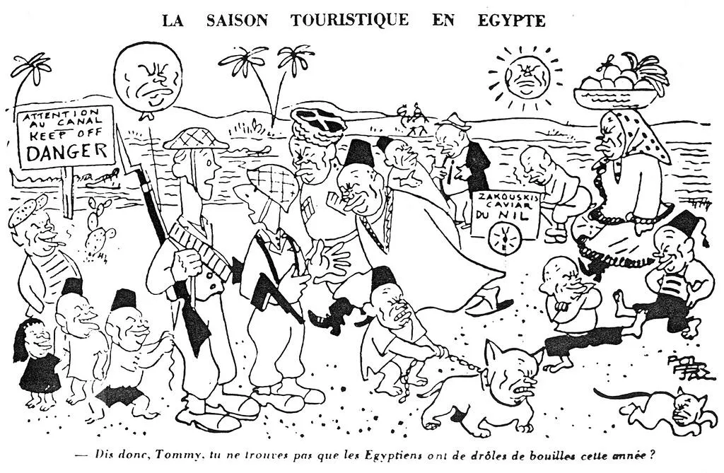 Caricature humoristique de touristes en Égypte, avec des personnages et des situations comiques.