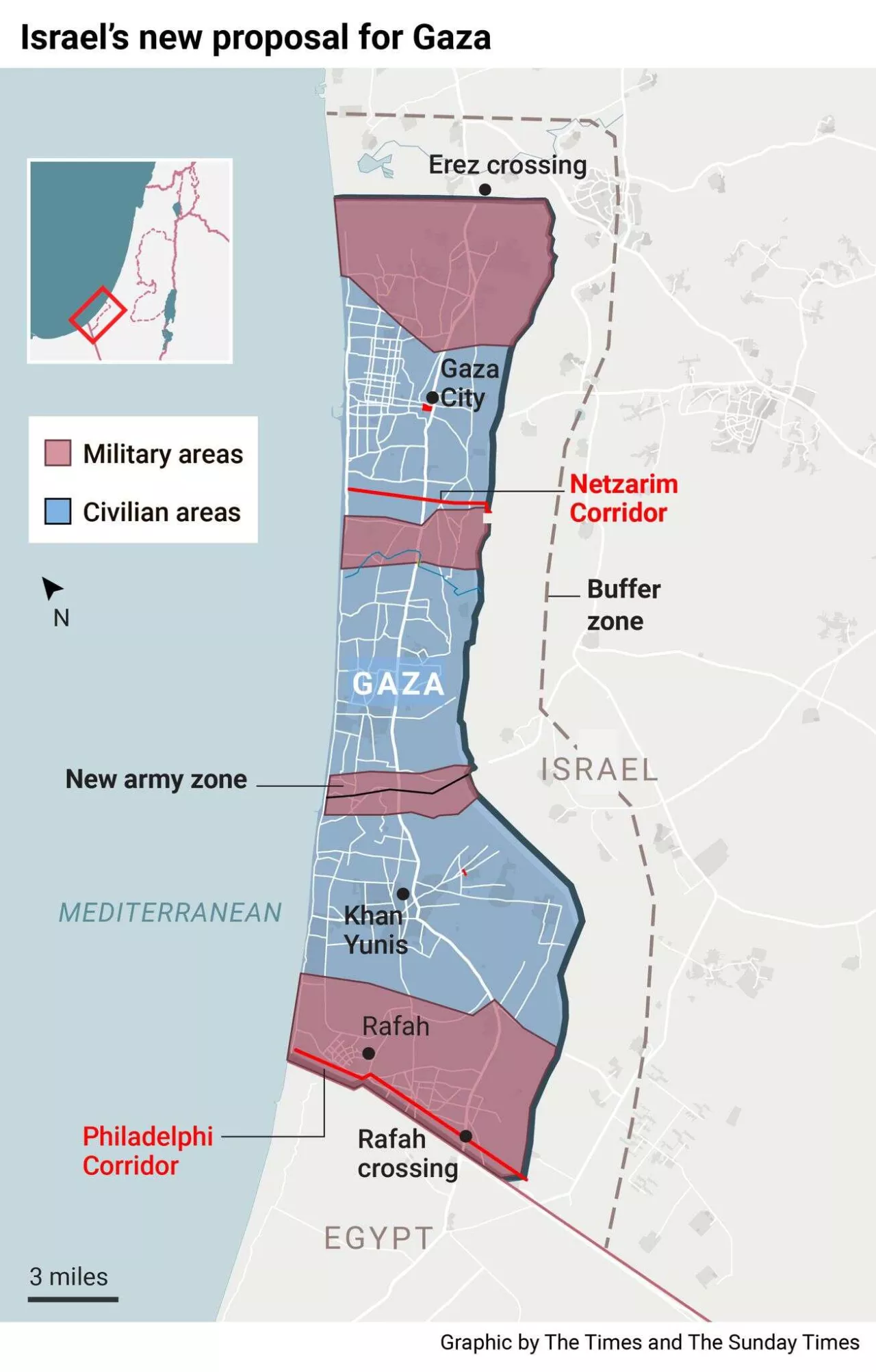 Carte de Gaza montrant des zones militaires, civiles et des couloirs spécifiques.