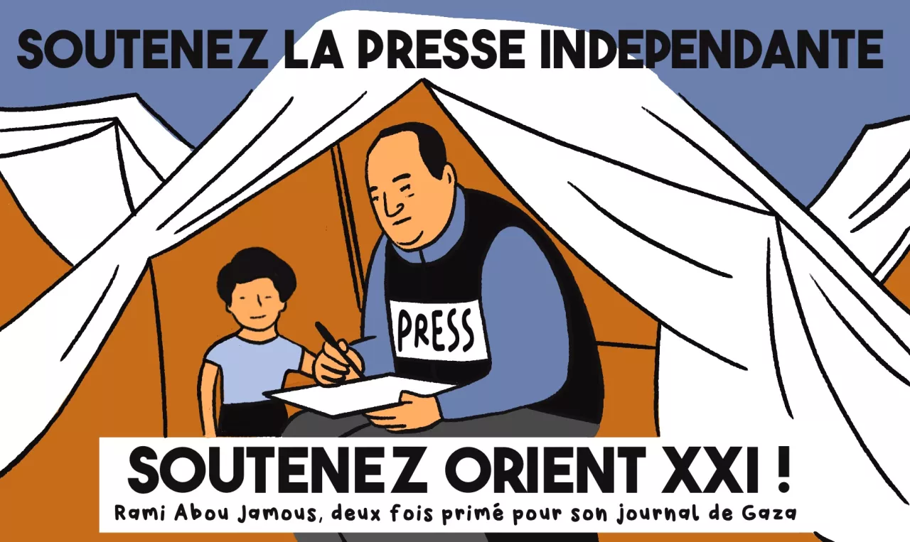 Un journaliste écrit, accompagné d'un enfant, sous une tente. Slogan pour soutenir la presse.