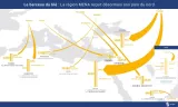 Carte illustrant les flux d'importation de blé vers la région MENA, avec des chiffres par pays.