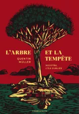 Une île avec un arbre majestueux sur fond rouge, évoquant mystère et nature.