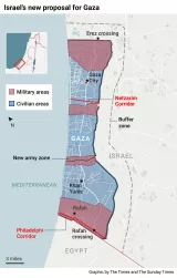 Carte de Gaza montrant des zones militaires, civiles et des couloirs spécifiques.
