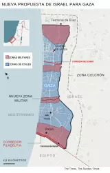 Carte des zones militaires et civiles à Gaza, avec des corridors et villes indiqués.