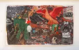 Une fresque colorée mêlant des figures humaines et animales dans un contexte tumultueux.