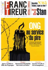 Titre en haut, image d'une bougie sur fond noir, message sur ONG et humanitaire.