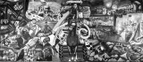 Peinture monochrome tumultueuse, représentant chaos, débris et figures humaines, avec un cheval.