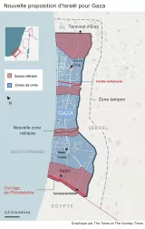 Carte colorée des zones militaires et civiles à Gaza, avec des corridors et des terminaux.