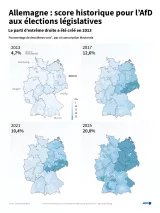 Carte de l'Allemagne montrant l'évolution du score de l'AfD aux élections législatives de 2013 à 2025.
