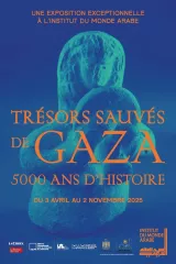 Affiche d'une expo sur l'histoire de Gaza, avec dates et informations sur les trésors.