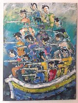 لوحة تمثل قاربًا من قوارب الهجرة.
