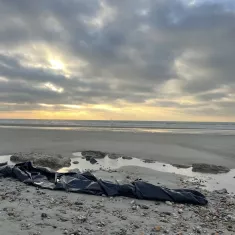 The image depicts a beach scene with a gray, cloudy sky creating a moody atmosphere. In the foreground, there is a large, black tarp or covering laid out on the sand, surrounded by smooth stones and scattered seashells. The beach appears to be wet, likely from recent tides, and there are gentle waves in the background. In the distance, a boat can be seen on the horizon, and rays of sunlight break through the clouds, creating a contrast with the darker tones of the sand and the tarp.