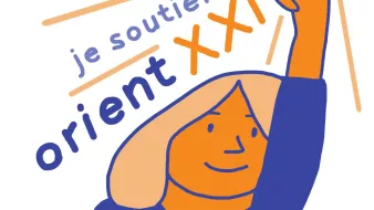 L'image représente une personne avec un sourire, levant la main et tenant une pièce de monnaie. Elle est illustrée dans des tons de bleu et d'orange, ce qui lui donne un aspect dynamique et engageant. Les mots "je soutiens orient XXI" sont écrits à côté, exprimant un message de soutien et d'enthousiasme. L'ensemble de l'image transmet une atmosphère positive et motivante.